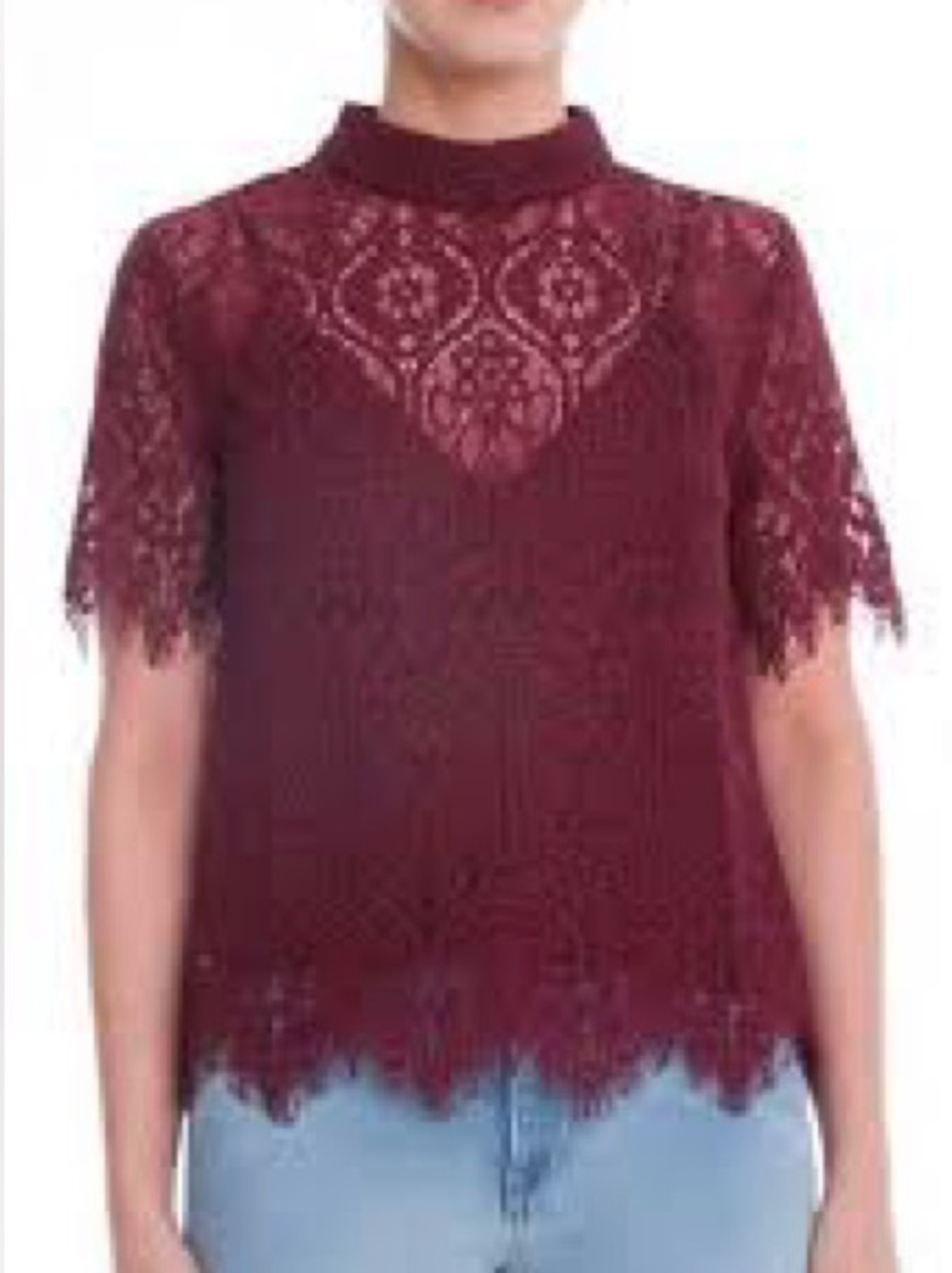 Lush Burgundy Lace Mock Neck Blouse